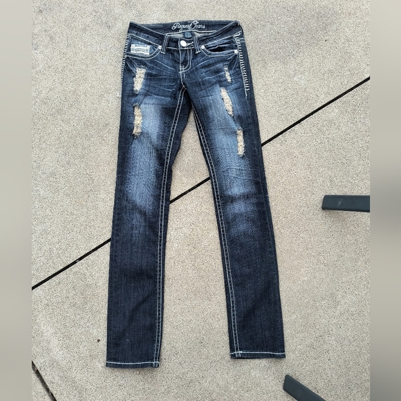 Request Jeans Distressed Stitched Denim Blue Jeans Rhinestones Size 0/24 - Picture 1 of 5